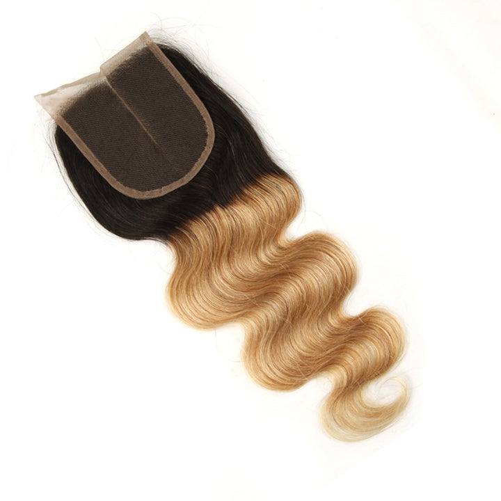 T1B/27 Ombre Honey Body Wave Hair 3 Bundles With Closure Human Hair With Dark Roots