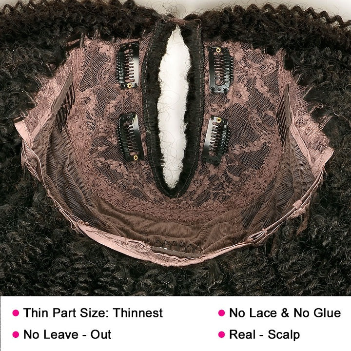 V Part Wig Kinky Straight Glueless Human Hair Wig Without Leave Out Full Machinemade