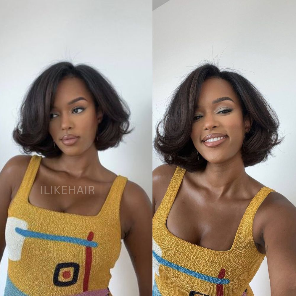 Put on & Go Side Part Short Layered Bob Kinky Edges Wig