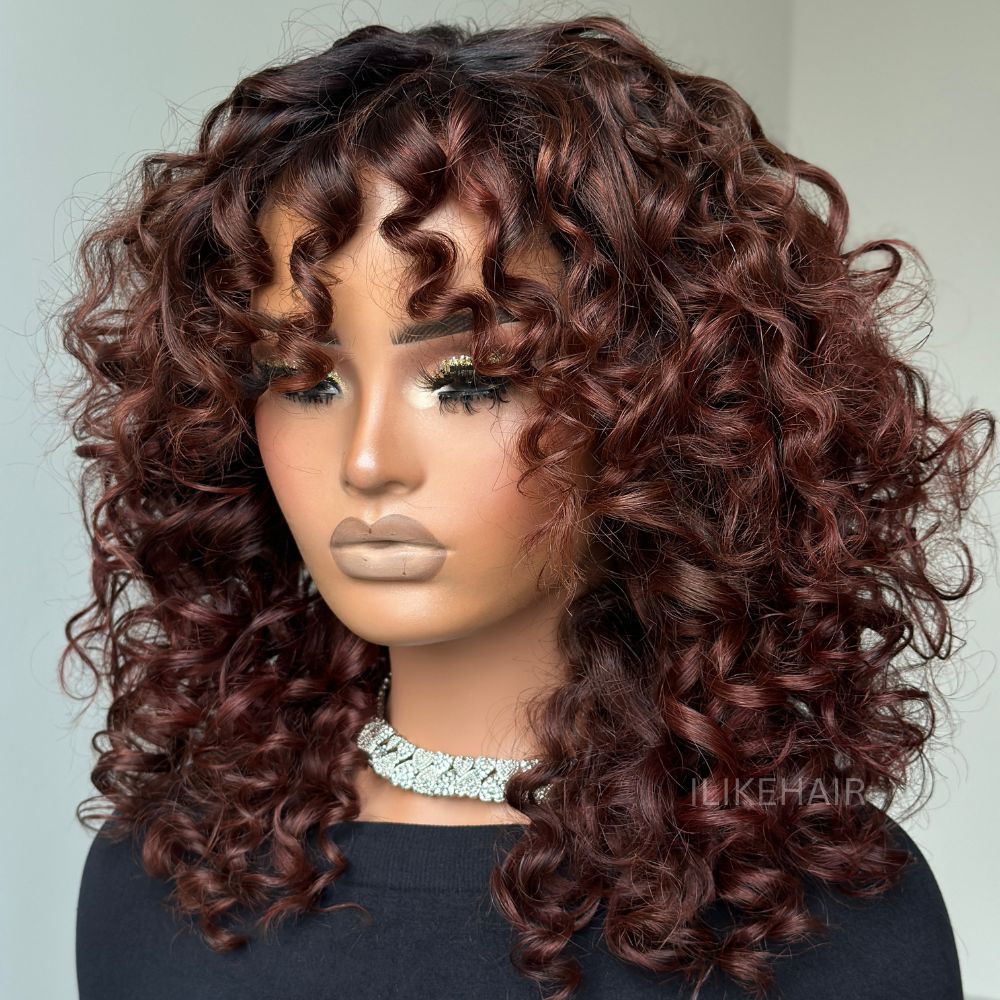 Glueless Reddish Brown With Dark Root Bouncy Curl Lace Wig