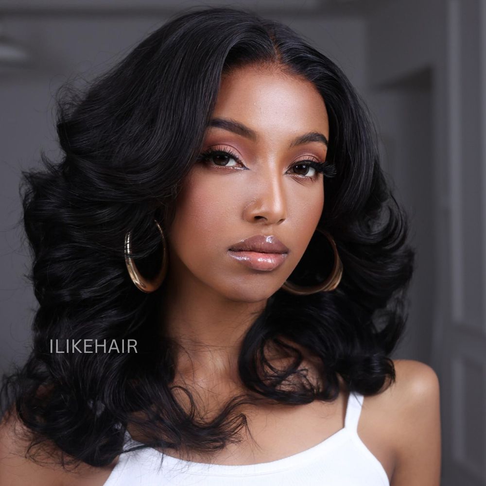 Put on & Go Designer Layered Curtain Bangs Wavy Lace Closure Wig