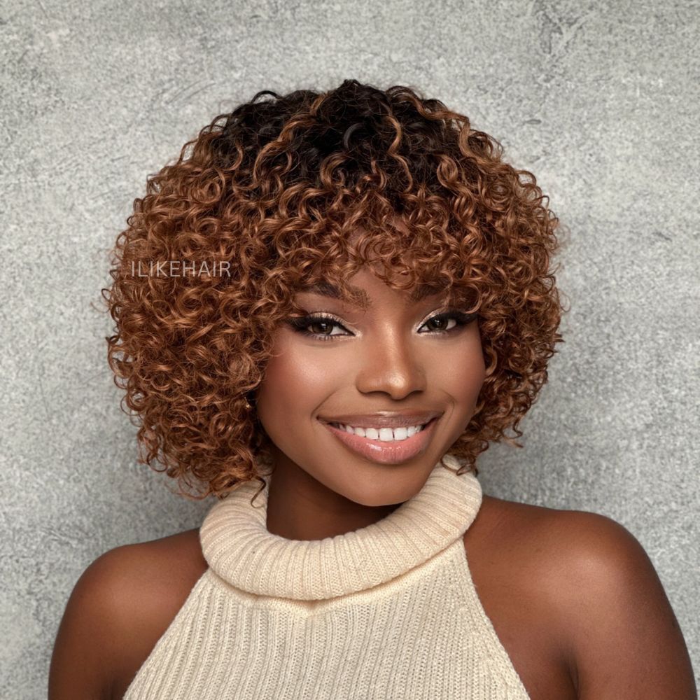 Short Ombre Chestnut Brown Curly Bob Wig With Bangs Beginner Friendly
