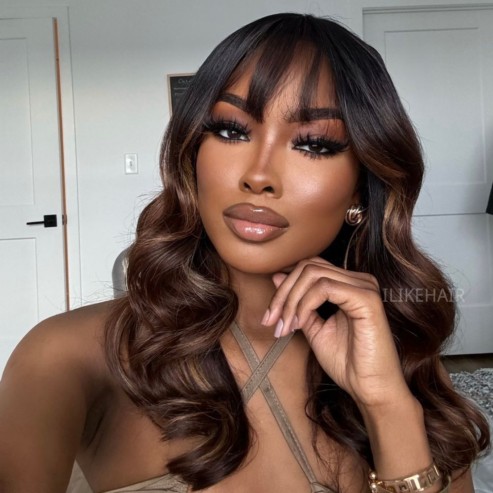Ombre Chestnut Brown Highlights Curtain Bangs with Layered Cut Wavy Lace Closure Wig