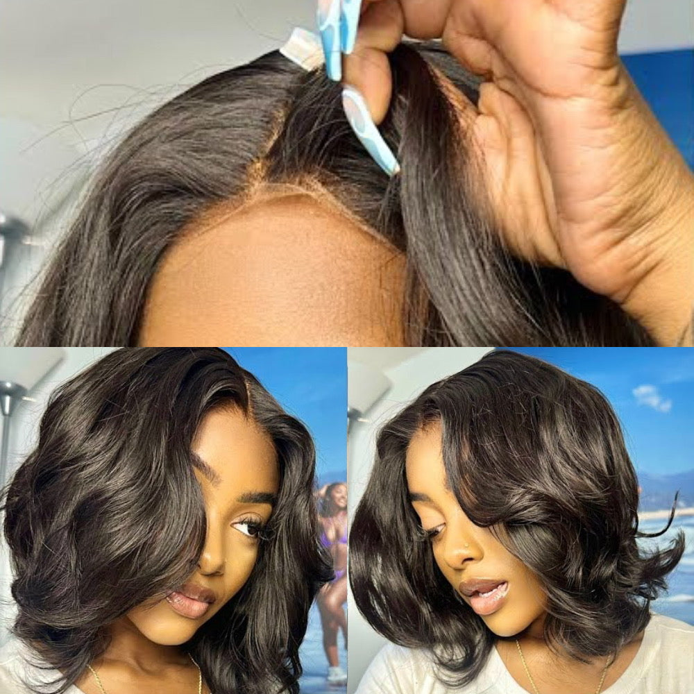 Put on & Go Layered Bob Short Wavy Glueless Human Hair Lace Wig