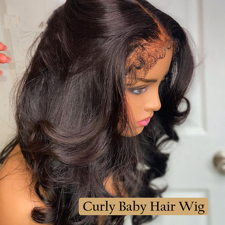 Glueless Body Wave 13x4 Lace Front Wig With Realistic Curly Edges Kinky Baby Hair