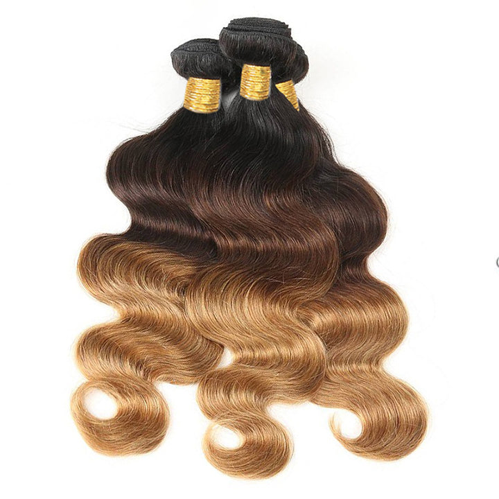 T1B/4/27 Body Wave Hair 3 Bundles With Closure Ombre Honey Blonde Human Hair