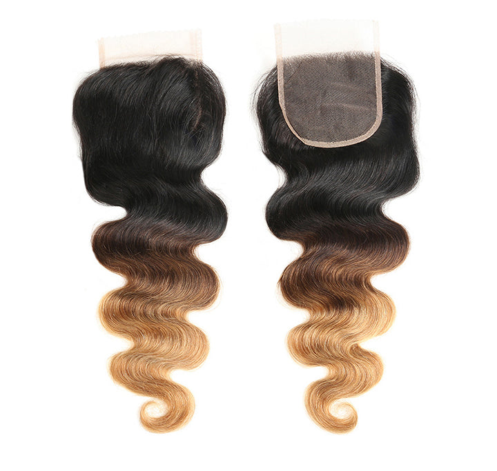 T1B/4/27 Body Wave Hair 3 Bundles With Closure Ombre Honey Blonde Human Hair