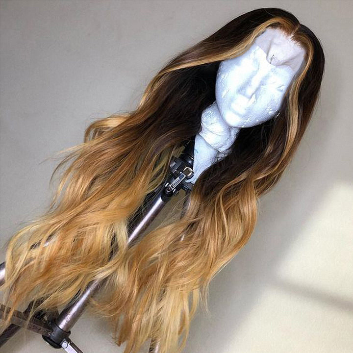 T1B/4/27 Body Wave Hair 3 Bundles With Closure Ombre Honey Blonde Human Hair