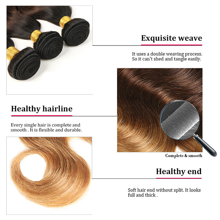 T1B/4/27 Body Wave Hair 3 Bundles With Closure Ombre Honey Blonde Human Hair