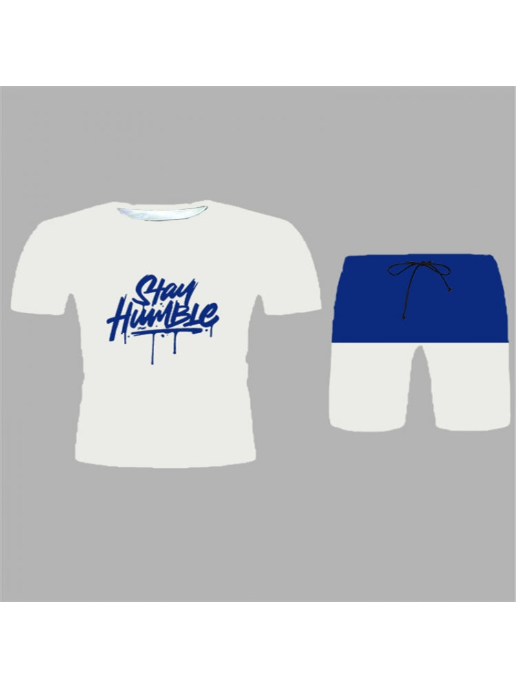 Casual Contrast Color Letter Printed Tee And Short Pants Sets
