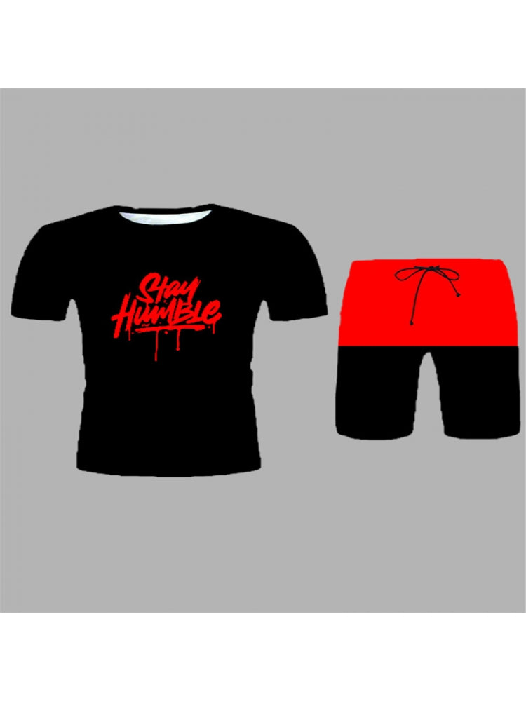 Casual Contrast Color Letter Printed Tee And Short Pants Sets