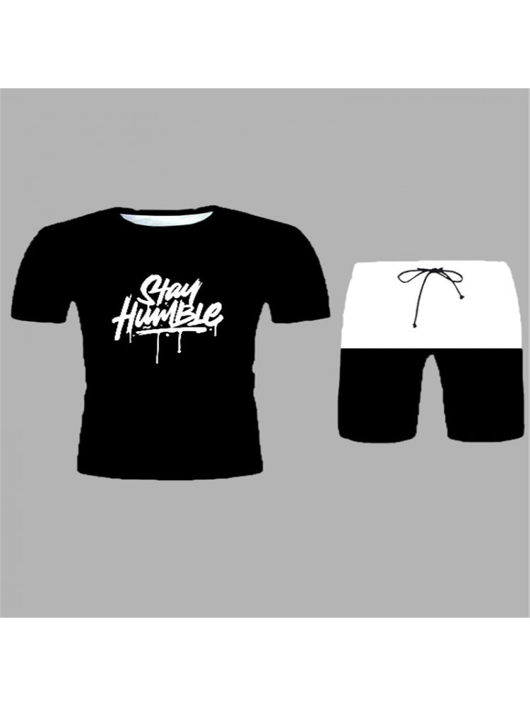 Casual Contrast Color Letter Printed Tee And Short Pants Sets