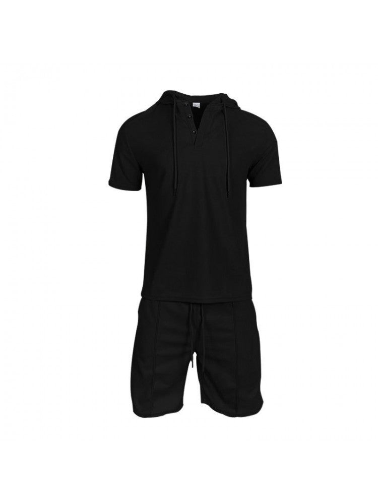 Patchwork Hooded Short Sleeve Short Suit