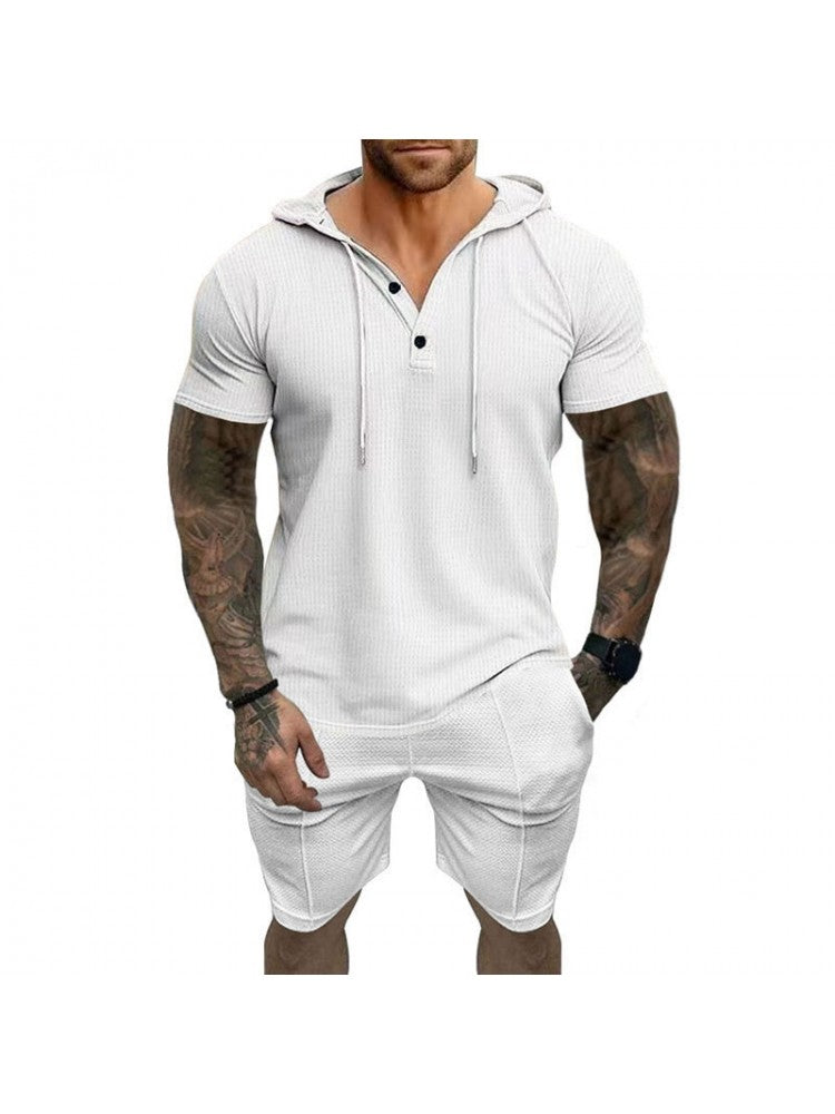 Patchwork Hooded Short Sleeve Short Suit