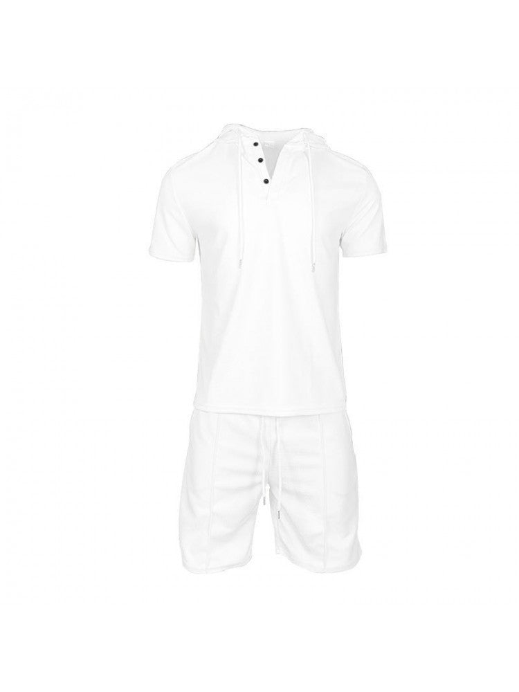 Patchwork Hooded Short Sleeve Short Suit