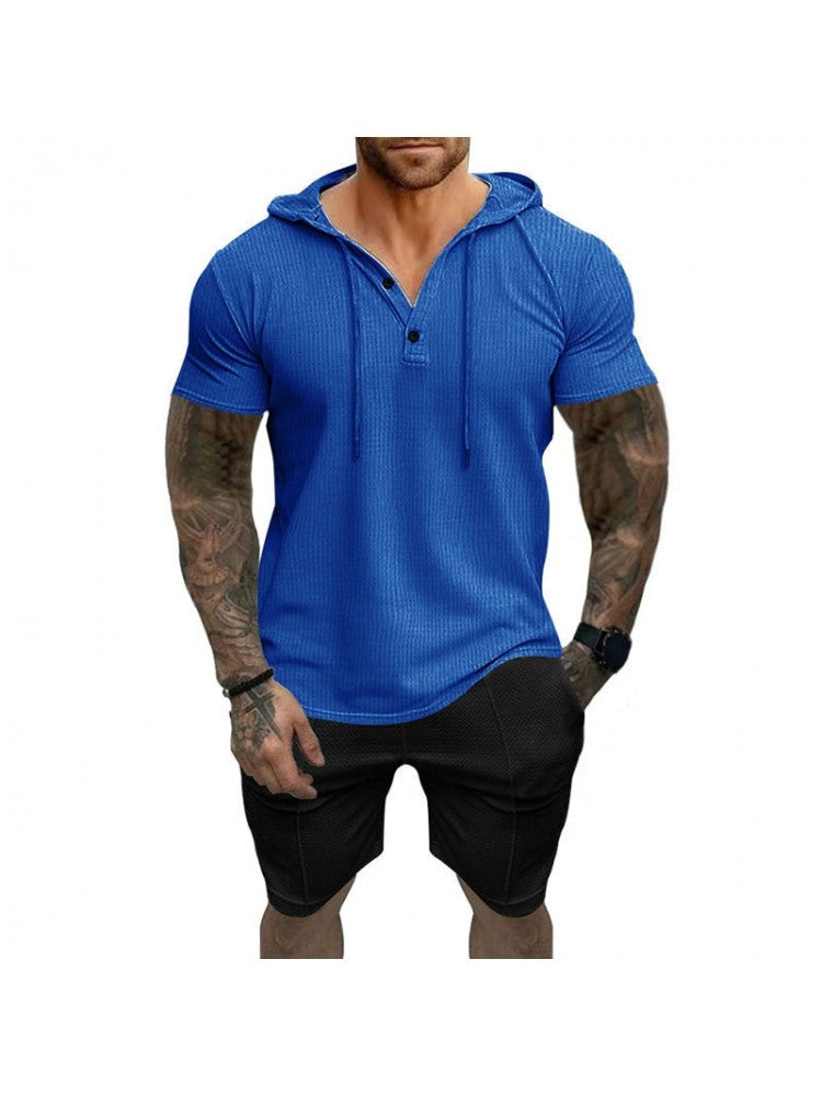 Patchwork Hooded Short Sleeve Short Suit