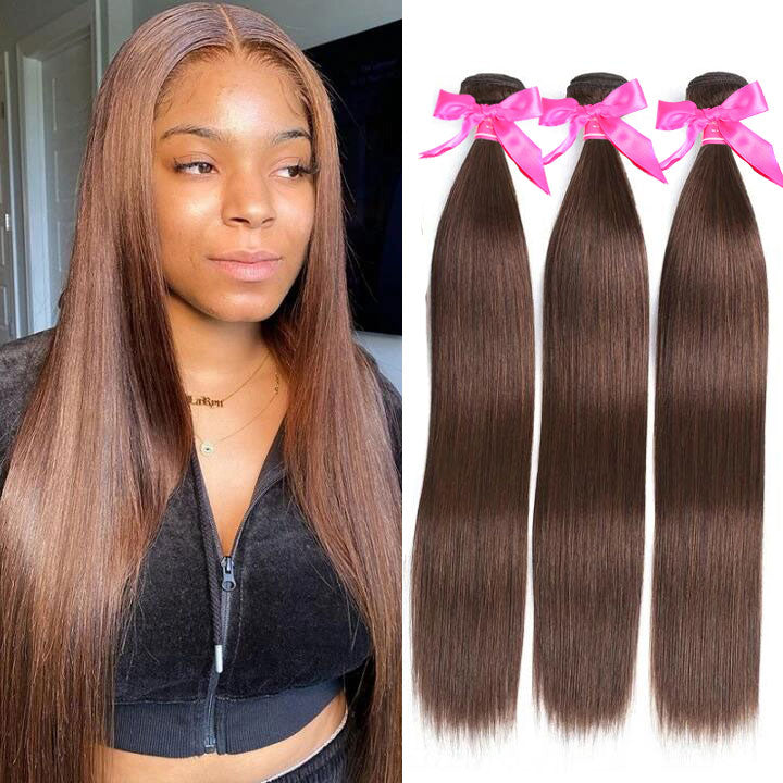 #4 Light Brown Straight Hair Weave 1/3 Bundles Brazilian Human Hair Extension