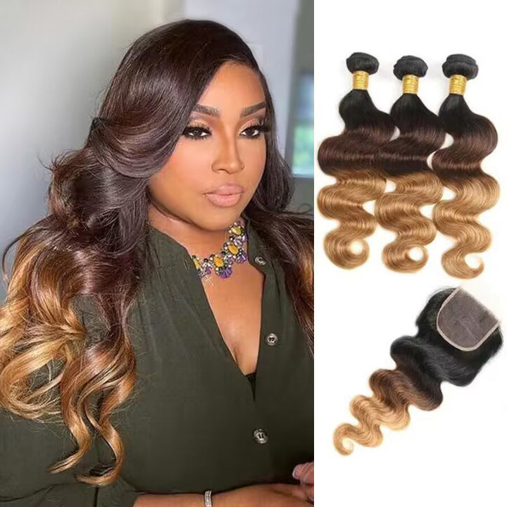 T1B/4/27 Body Wave Hair 3 Bundles With Closure Ombre Honey Blonde Human Hair