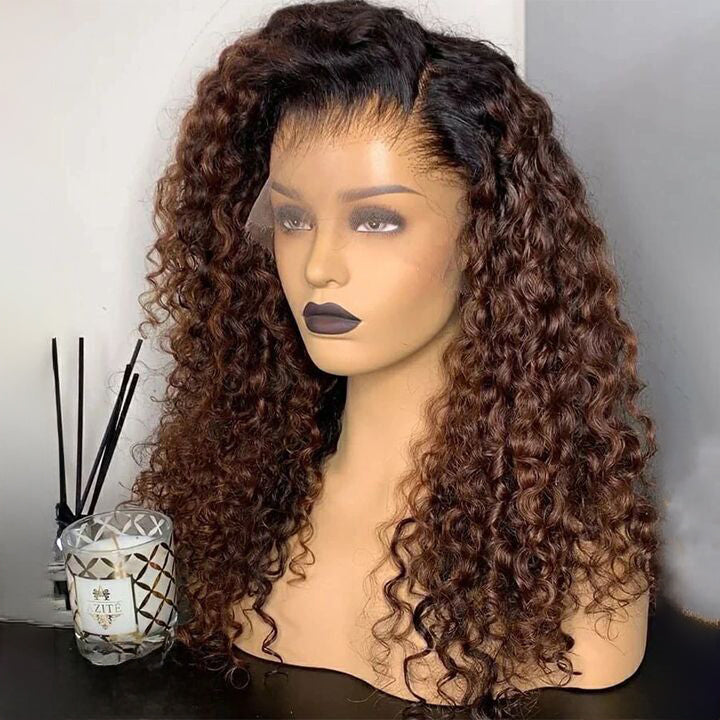 (Super Deal)Ombre Brown Curly Wig With Black Root Human Hair 6x5 Lace Wig Glueless Wig