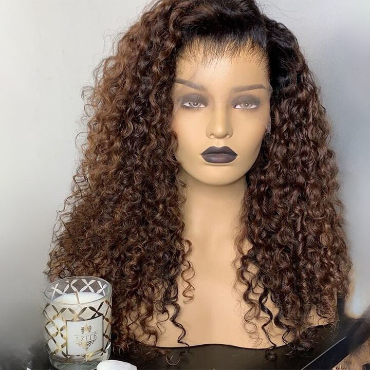 (Super Deal)Ombre Brown Curly Wig With Black Root Human Hair 6x5 Lace Wig Glueless Wig