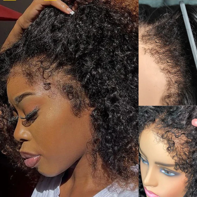 Handmade 4C Hairline Kinky Curly 13x4 Lace Front Wig With Curly Edges Kinky Baby Hair Glueless Human Hair Wig