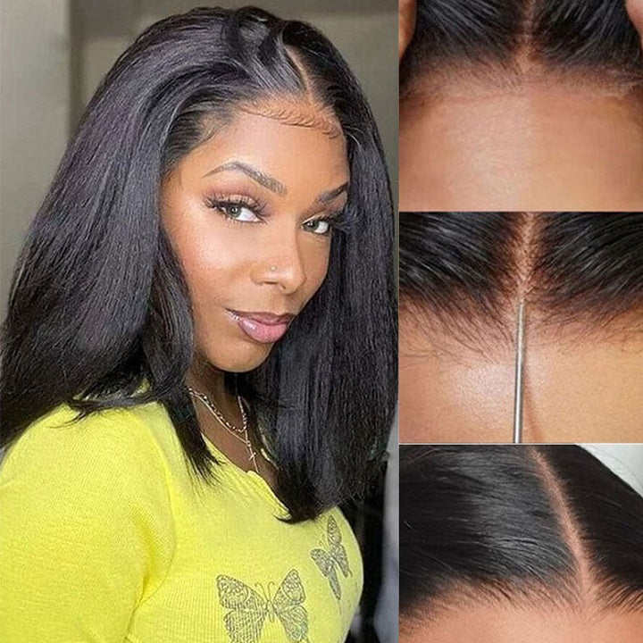 13x5 Pre-everything Yaki Straight Bob Wig Pre-cut Lace Short Human Hair Wig