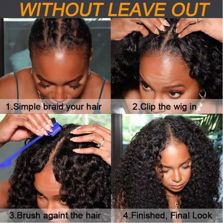 Thin V Part Wig Kinky Curly Natural Scalp Human Hair Wig Without Leave Out
