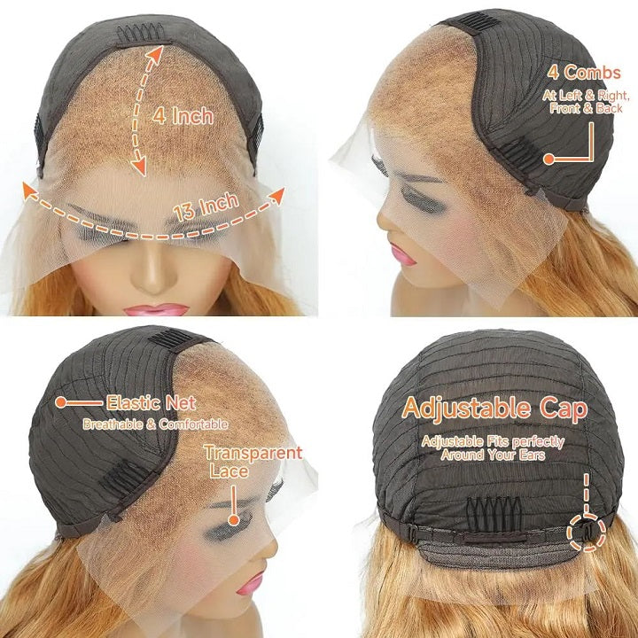 Honey Blonde Body Wave 13x4 Lace Frontal Human Hair Wigs Pre Plucked With Baby Hair