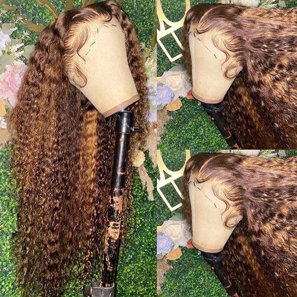 Honey Blonde Highlights Wig Curly Hair 4x4 Lace Closure Wigs 180% Density HD Transparent Lace Wig - Healthier Me Beauty, LLC