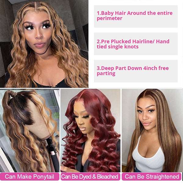 Highlight Wigs Loose Deep Lace Closure Wigs Human Hair Wigs with Highlights HD Transparent Lace Wig - Healthier Me Beauty, LLC