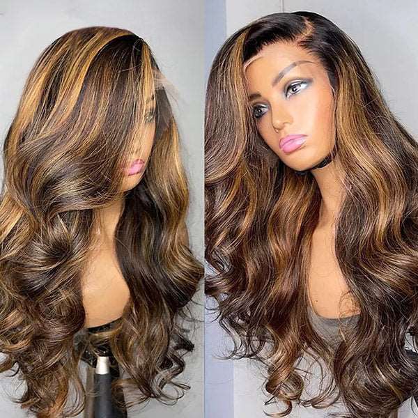 Blonde Balayage HD Lace Frontal Wig Highlight Body Wave Wear And Go Glueless Human Hair Wigs 13x4 Lace Front Wig - Healthier Me Beauty, LLC