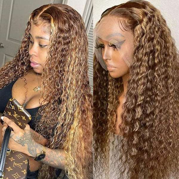 Honey Blonde Highlight Curly Wave Glueless Wigs 13x4 Lace Front Wigs Piano Colored Human Hair Wig - Healthier Me Beauty, LLC