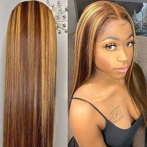 Highlight Human Hair Wig 13x4 Straight Frontal Wig Honey Blonde Wig - Healthier Me Beauty, LLC