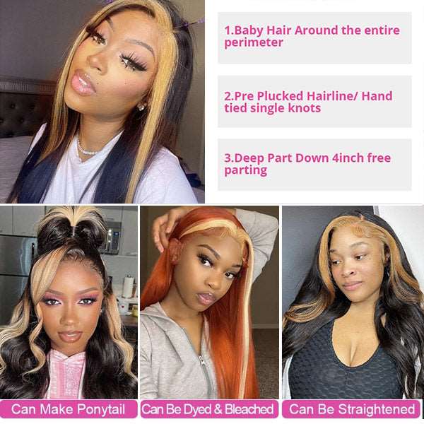 Highlight TL27 Ombre Color Straight Human Hair HD Lace Frontal Wigs - Healthier Me Beauty, LLC