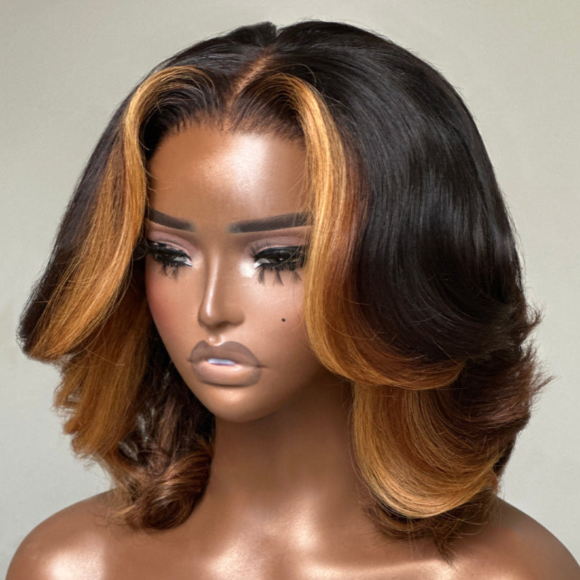 Honey Blonde Highlights Layered Cut Bob Lace Wig