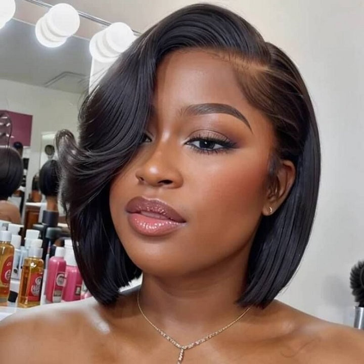 Straight Pixie Bob Wig With Swept Bangs Pre Cut Lace Glueless Wig