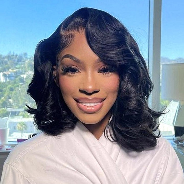 Wear and Go Wavy Bob Glueless Human Hair Wigs 7x5 13x5 Pre Cut Lace 180% Density Black Bob Wig