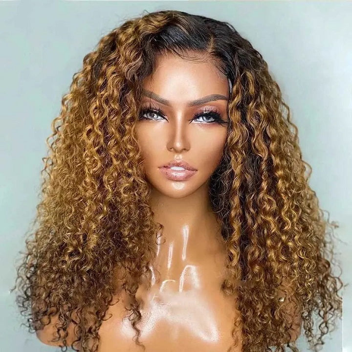 $109.99 16" Ombre Honey T1B/27 Curly 13x4 Frontal Wig Glueless Human Hair Wig Flash Deal