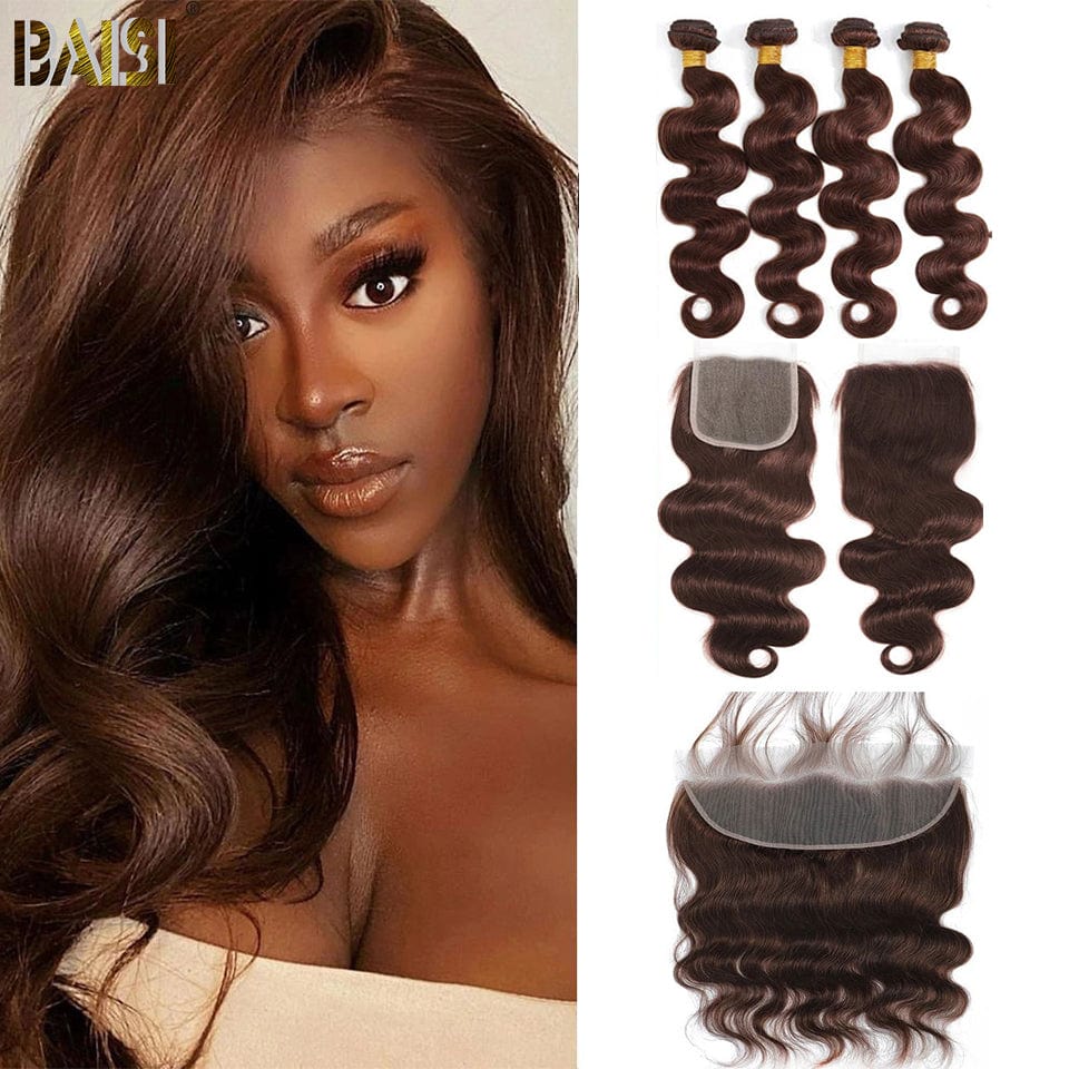 BAISI #4 Chocolate Brown Body Wave Bundles with Closure / Frontal