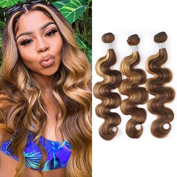 Highlight Body Wave Human Hair 3 Bundles with 4x4 Lace Closure P4/27 - Healthier Me Beauty, LLC