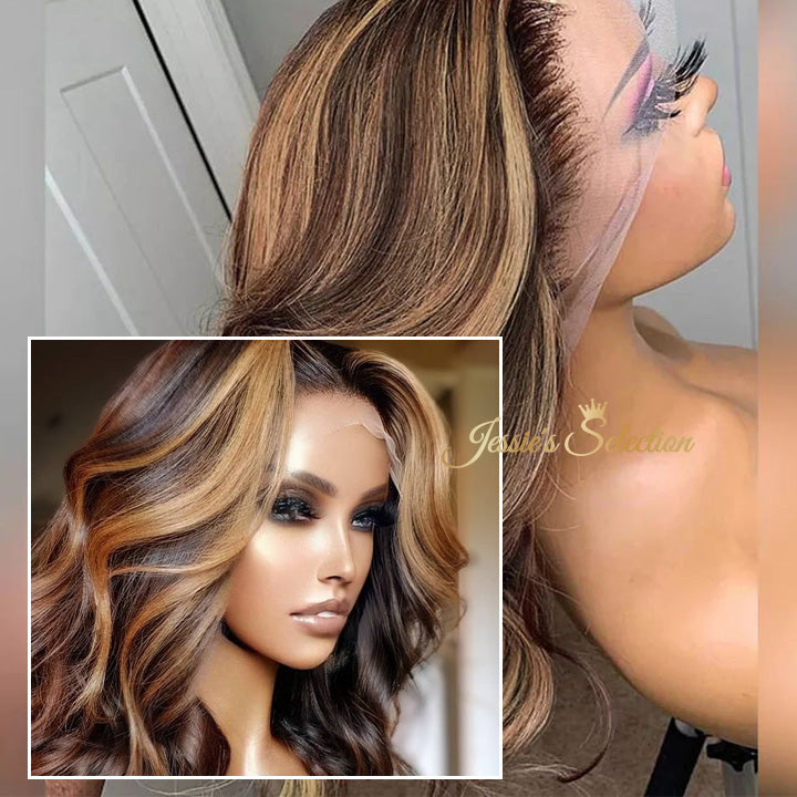 Honey Brown Highlights Wavy 5x5 Lace Bob Wig Glueless Human Hair Wig