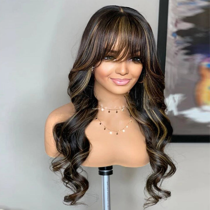 Honey Highlight Body Wave 13x5 Pre Everything Human Hair Wigs With Bangs
