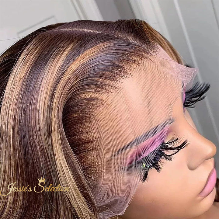 Honey Brown Highlights Wavy 5x5 Lace Bob Wig Glueless Human Hair Wig