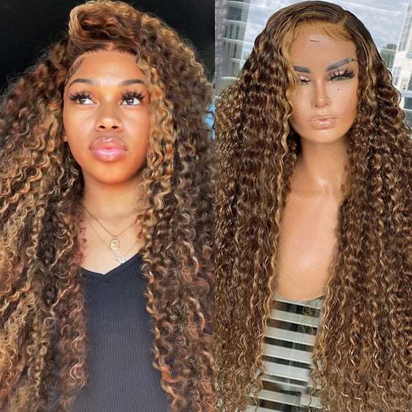 Honey Blonde Highlight Curly Wave Glueless Wigs 13x4 Lace Front Wigs Piano Colored Human Hair Wig - Healthier Me Beauty, LLC