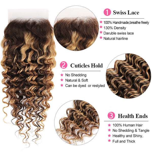 Highlight P4/27 Ombre Bundles With Closure Deep Wave Hair With 4x4 Lace Closure - Healthier Me Beauty, LLC