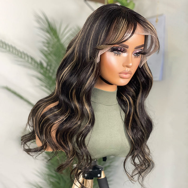 Honey Highlight Body Wave 13x5 Pre Everything Human Hair Wigs With Bangs