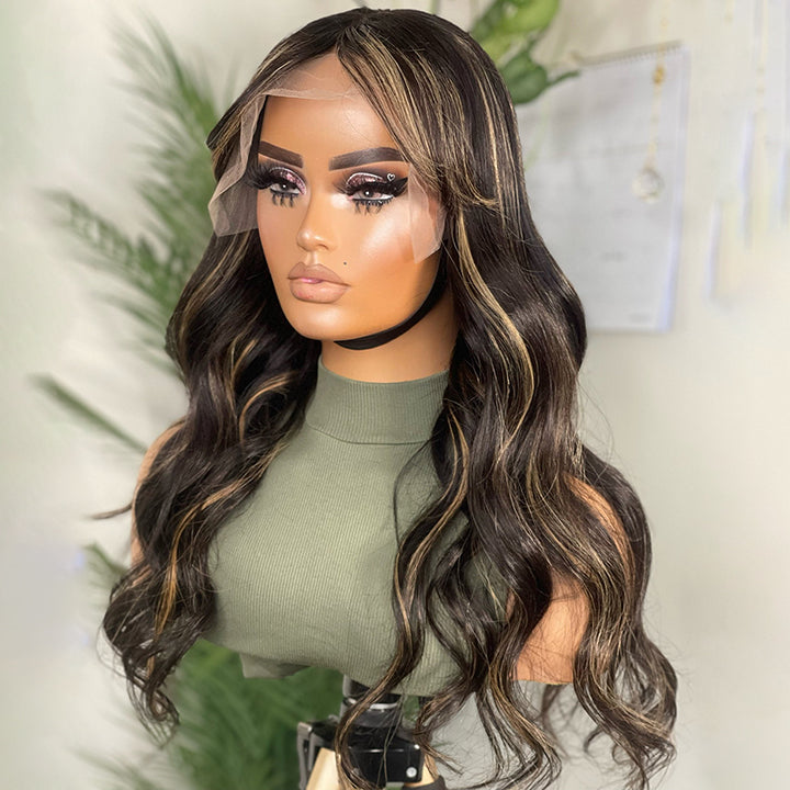 Honey Highlight Body Wave 13x5 Pre Everything Human Hair Wigs With Bangs