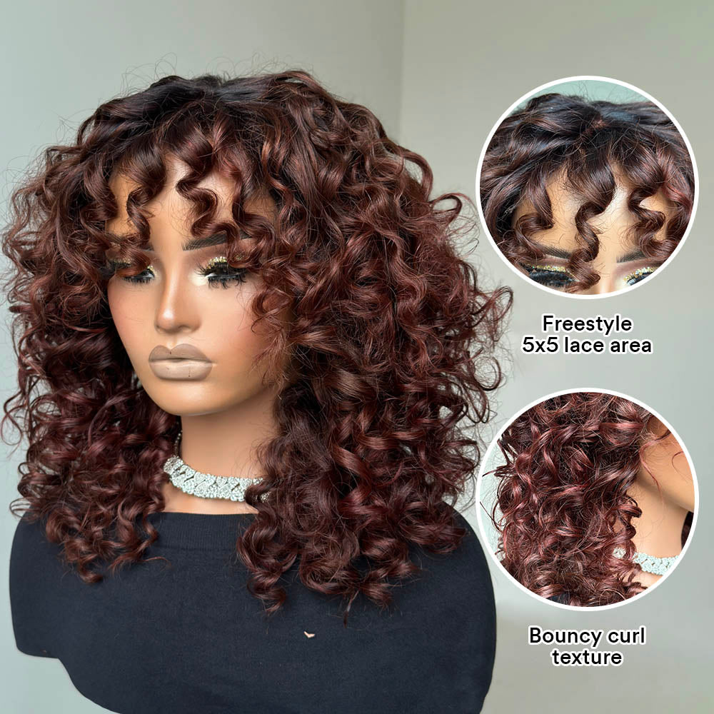Glueless Reddish Brown With Dark Root Bouncy Curl Lace Wig