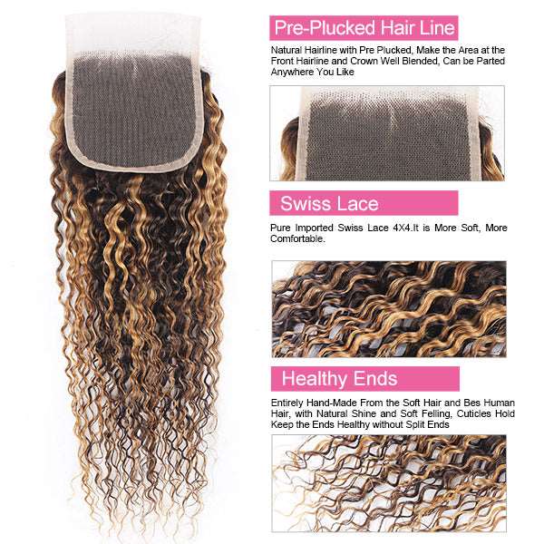 Highlight Curly Bundles with 4x4 Lace Closure Honey Blonde Highlight Bundles with Closure - Healthier Me Beauty, LLC