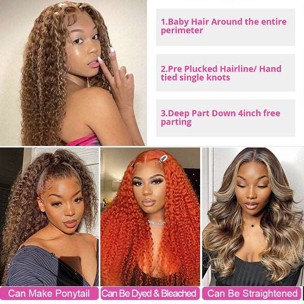 Honey Blonde Highlights Wig Curly Hair 4x4 Lace Closure Wigs 180% Density HD Transparent Lace Wig - Healthier Me Beauty, LLC